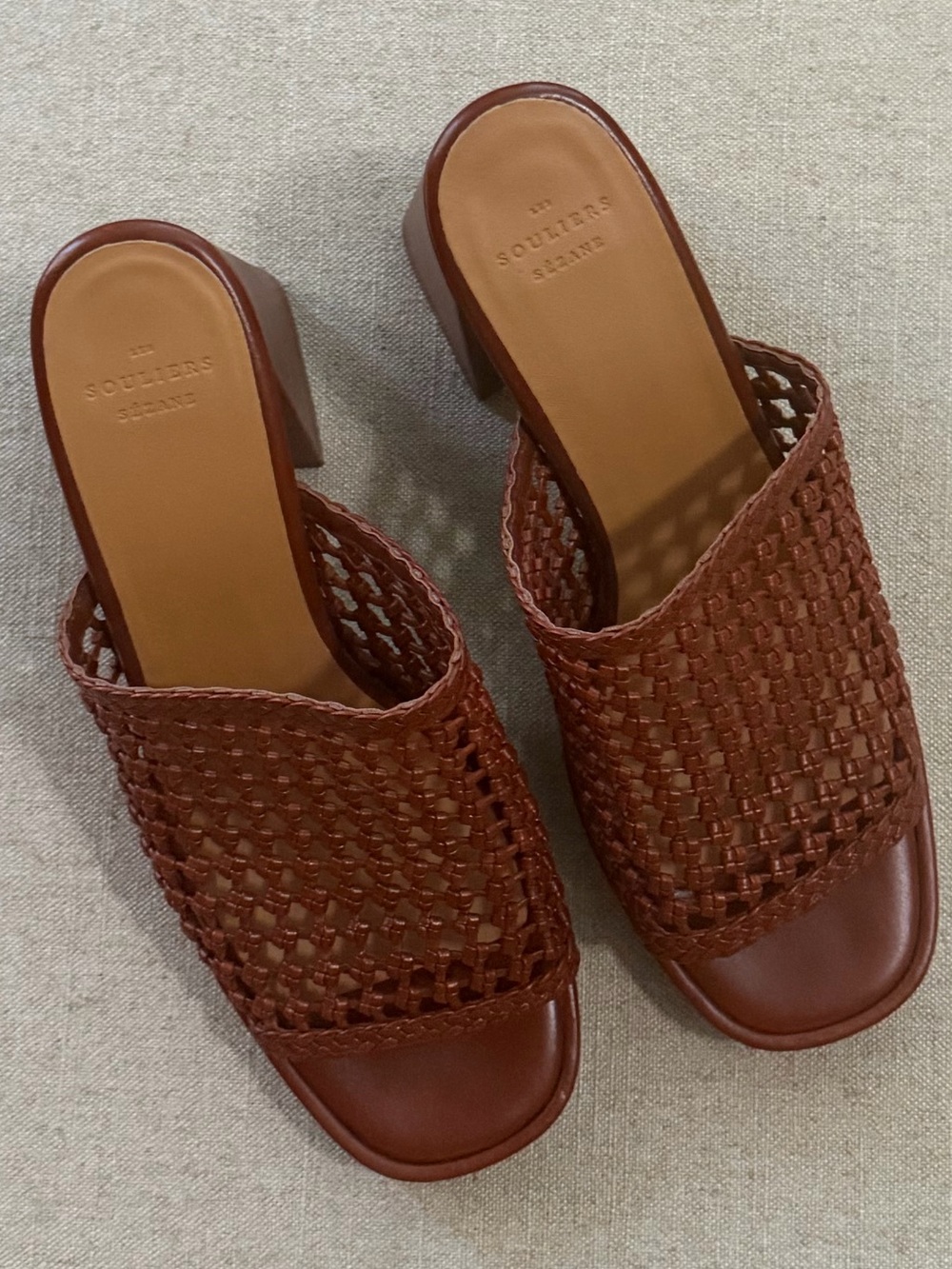 Sézane High Annalisa Woven Leather Mules Cognac Brown